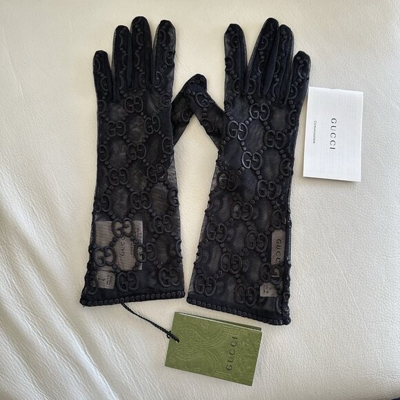 NWT GUCCI GLOVES TULLE LACE GG BLACK Sz 8 / L - Picture 6 of 8